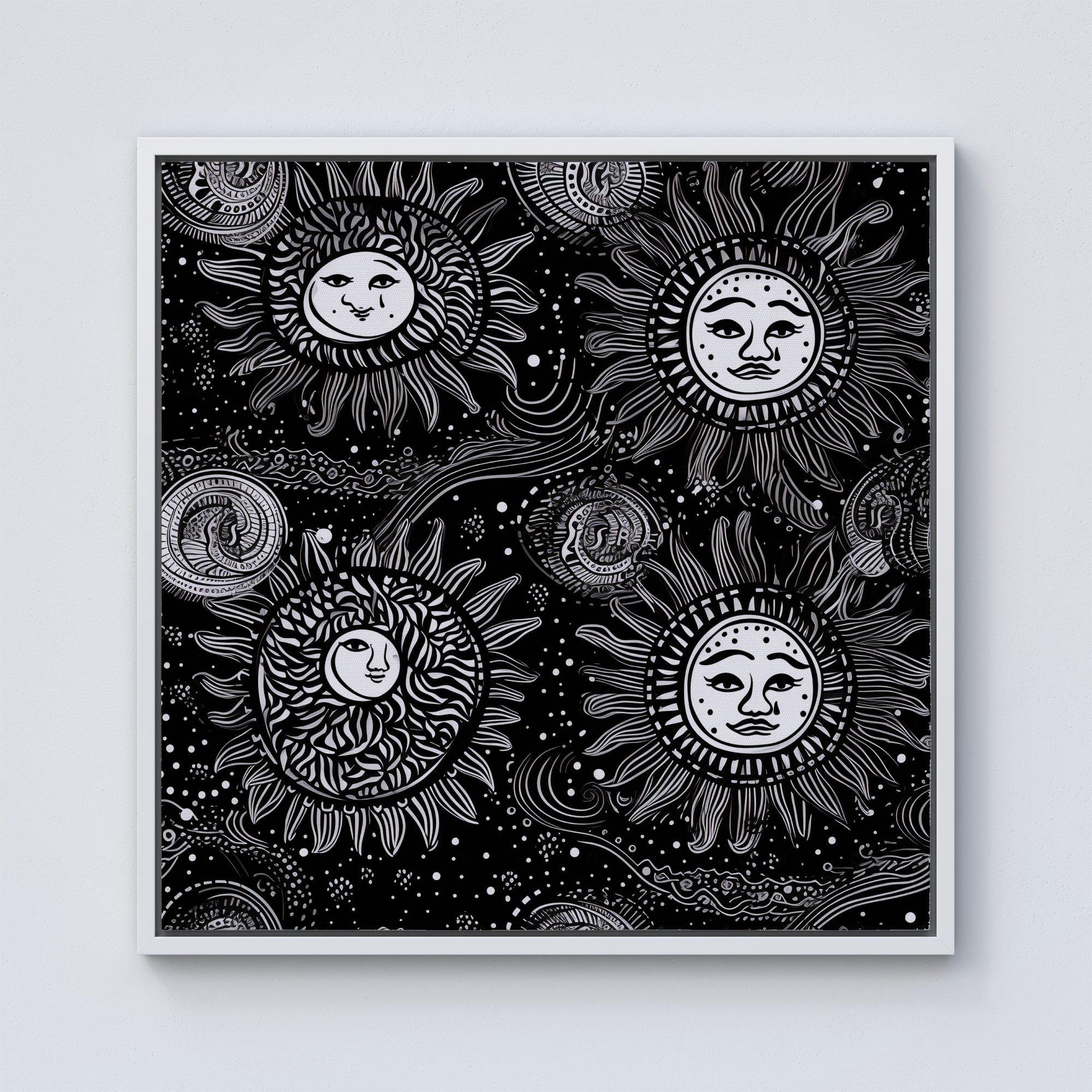 Moon and Sun White Black Framed Canvas